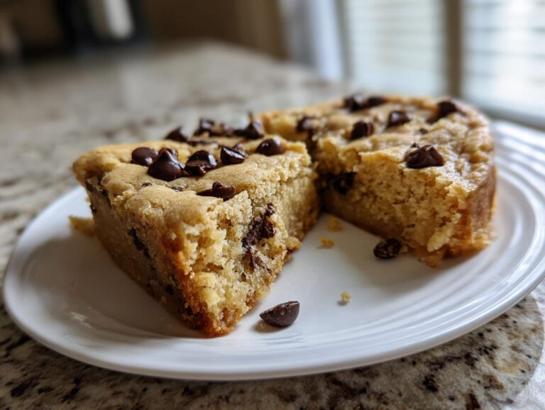 Two thick slices of soft, golden cake mix cookie bars topped with melted chocolate chips on a white plate.