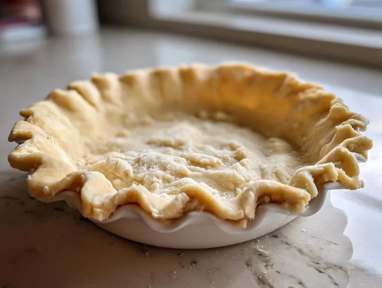 Unbaked, fluted butter pie crust dough resting inside a white ceramic pie dish on a marble counter.