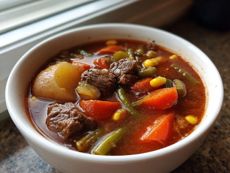 Close-up of a white bowl filled with rich, savory vegetable beef soup featuring chunks of beef, carrots, potatoes, and corn.