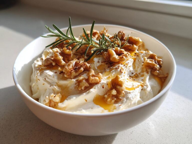 A bowl of creamy whipped ricotta dip topped with walnuts, honey drizzle, and a sprig of rosemary.