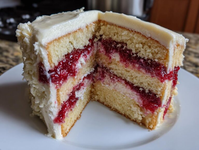 Close-up of a slice of white chocolate raspberry cake showing three layers of vanilla sponge, raspberry filling, and white frosting.