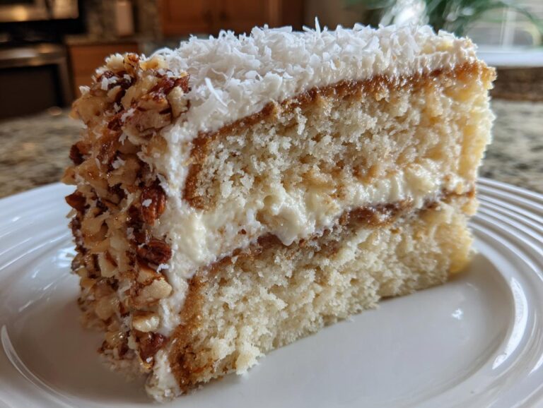 A close-up of a moist slice of white german chocolate cake layered with creamy frosting and topped with coconut and pecans.