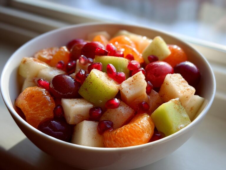 Close-up of a vibrant winter fruit salad featuring oranges, grapes, pomegranate seeds, and diced apples.