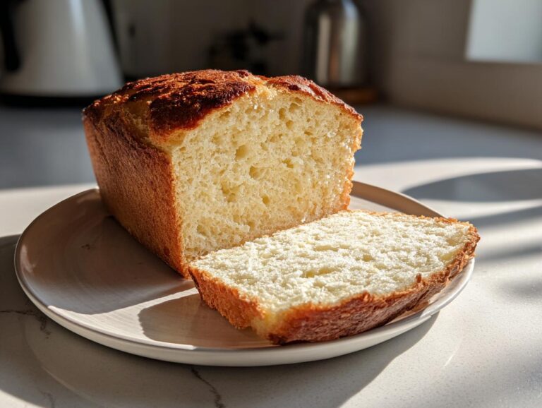 A golden-crusted loaf of homemade beer bread, partially sliced, resting on a plate in bright sunlight.
