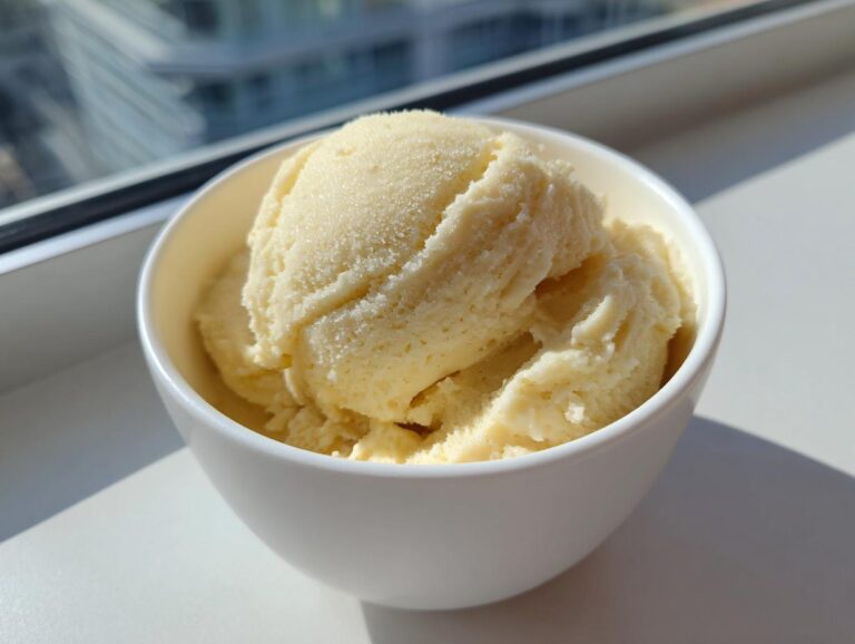 A close-up of creamy, pale yellow banana ice cream scooped into a small white bowl, sitting near a bright window.