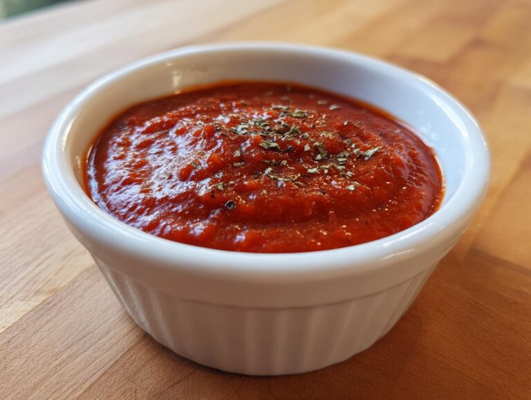 A small white ramekin filled with rich, red homemade pizza sauce, topped with dried herbs.