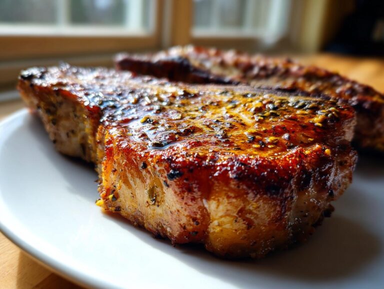 Close-up of a perfectly cooked, juicy air fryer pork chop with a dark, seasoned crust resting on a white plate.