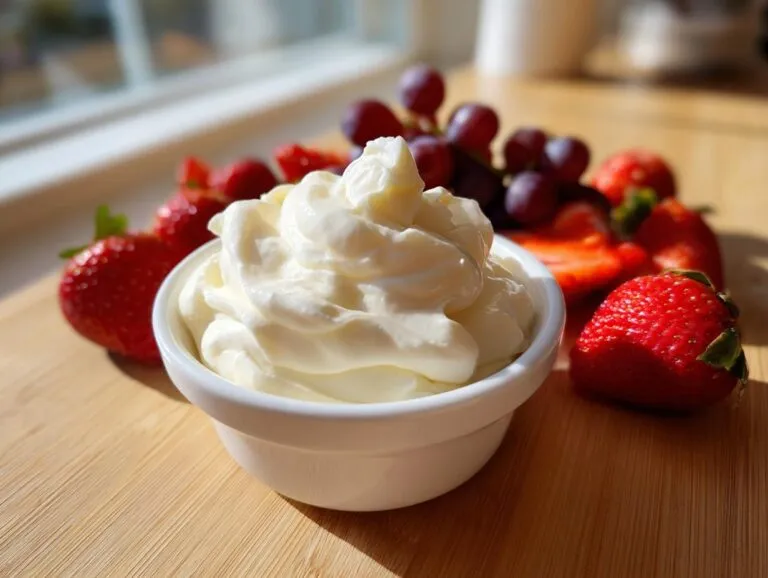 A small white bowl filled with creamy, swirled fruit dip, surrounded by fresh strawberries and grapes.