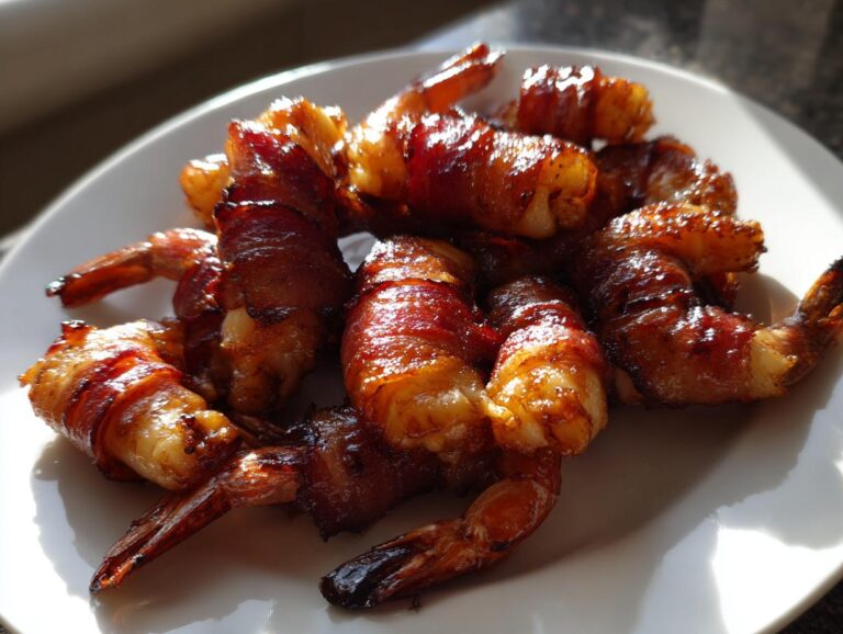 A close-up of several perfectly cooked bacon wrapped shrimp piled on a white plate, glistening under the light.