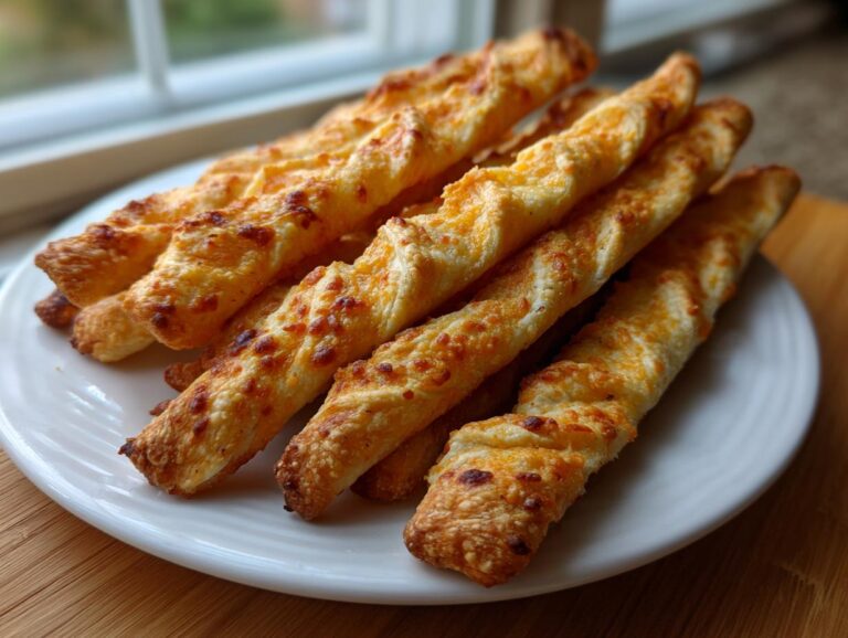 A stack of freshly baked, golden brown cheese straws with visible melted cheese topping served on a white plate.