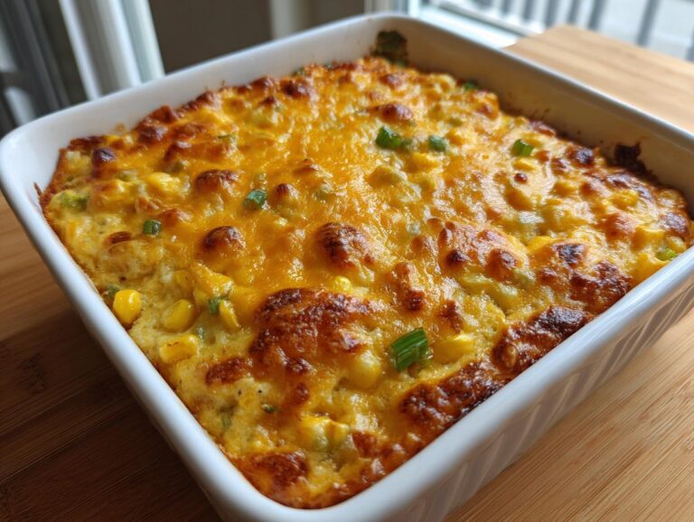 A close-up of amazing cheesy corn dip baked until golden brown in a white rectangular dish.