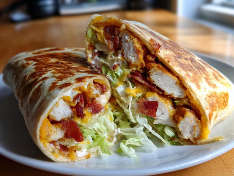 A grilled chicken bacon ranch wrap cut in half, revealing crispy chicken, bacon, lettuce, and cheese.