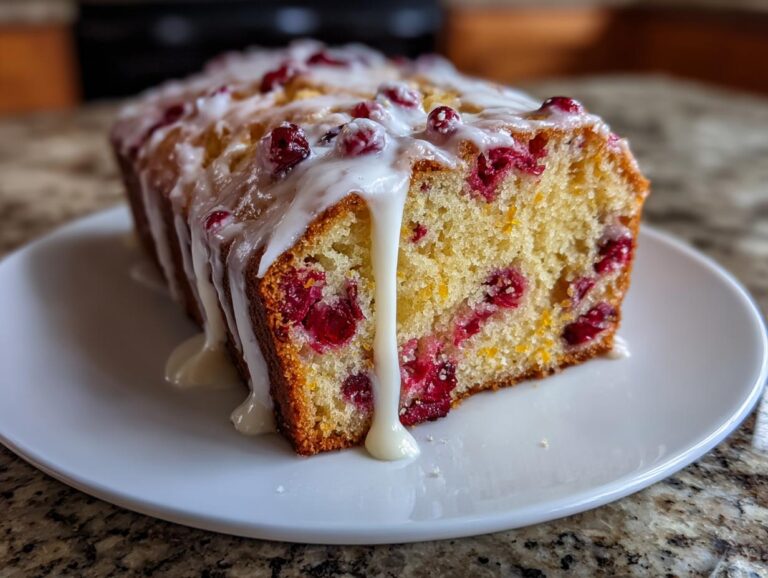 A close-up of a loaf of amazing cranberry orange bread topped with a thick white glaze dripping down the sides.