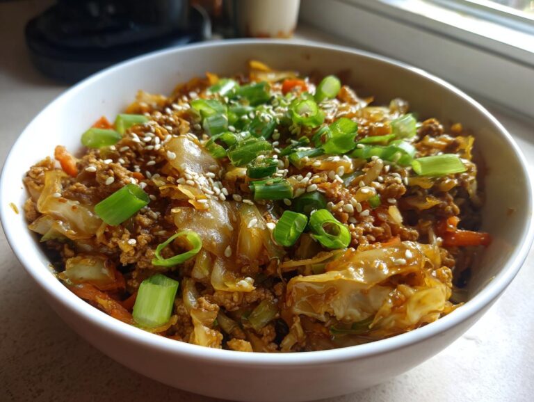 A close-up of a white bowl filled with savory egg roll in a bowl, topped with sesame seeds and fresh green onions.