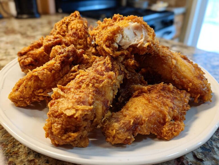A pile of golden brown, crispy fried chicken wings on a white plate, one wing is broken open showing the white meat.