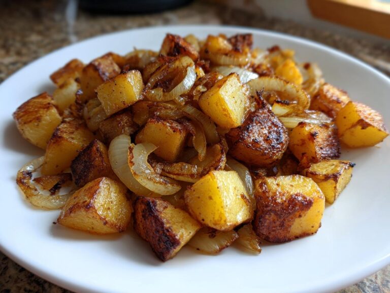 A close-up of golden brown, crispy fried potatoes mixed with sautéed onion slices served on a white plate.