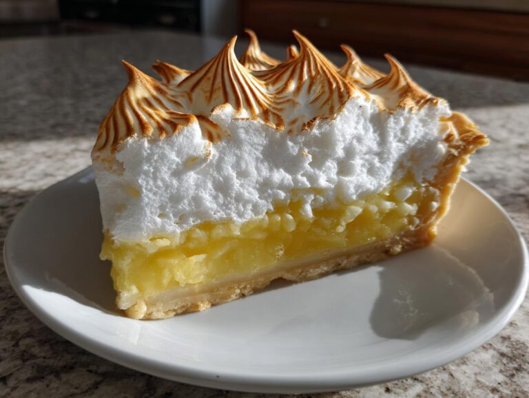 A perfect slice of lemon meringue pie showing thick lemon filling and tall, torched meringue peaks.