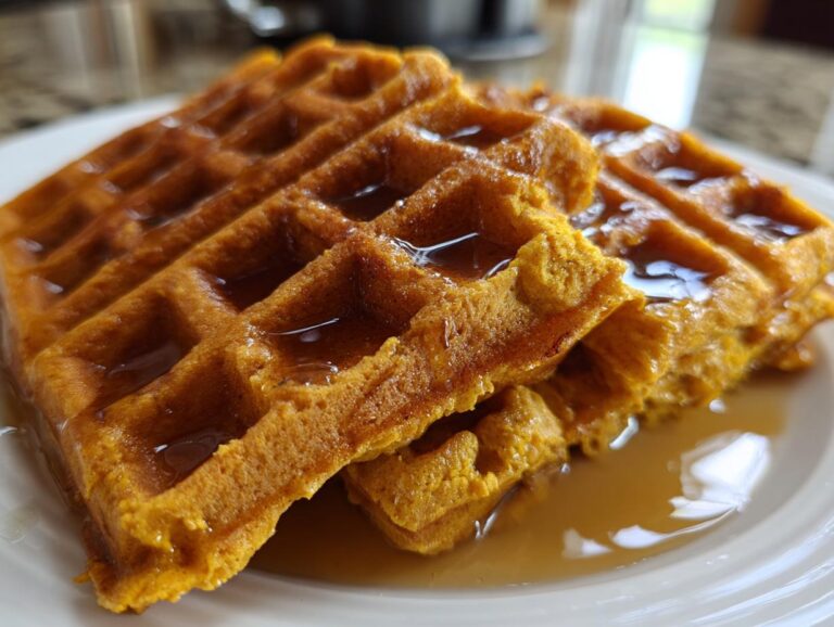 Close-up of a stack of fluffy, orange pumpkin waffles generously drizzled with maple syrup on a white plate.