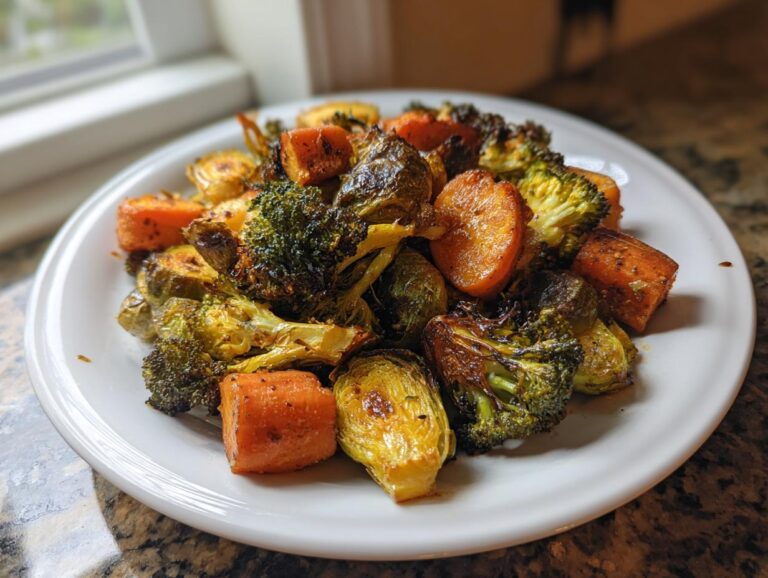 A white plate filled with beautifully caramelized roasted vegetables, including carrots, broccoli florets, and Brussels sprouts.