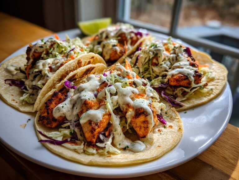 A plate featuring four delicious salmon tacos topped with slaw and a creamy white sauce, perfect for amazing 30 minute salmon tacos.