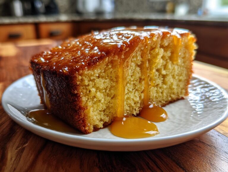 Close-up of a moist slice of Bacardi rum cake topped with a rich, dripping rum glaze on a white plate.