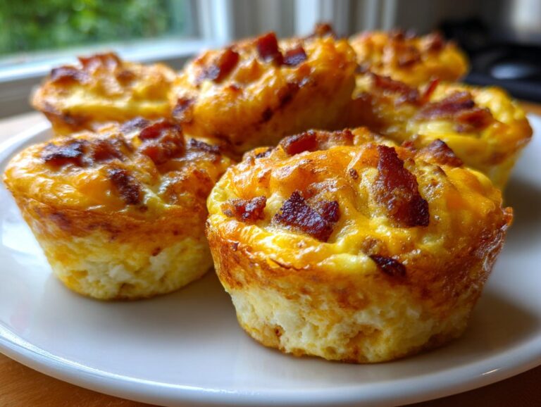A close-up of several golden-brown bacon and cheese egg bites arranged on a white plate.