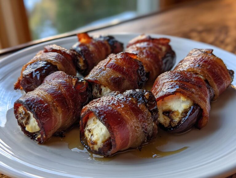 Close-up of several crispy, bacon-wrapped stuffed dates filled with creamy cheese, drizzled with glaze.