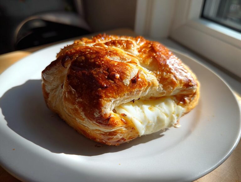 Close-up of a golden brown baked brie in puff pastry, with warm, melted brie oozing out the side.