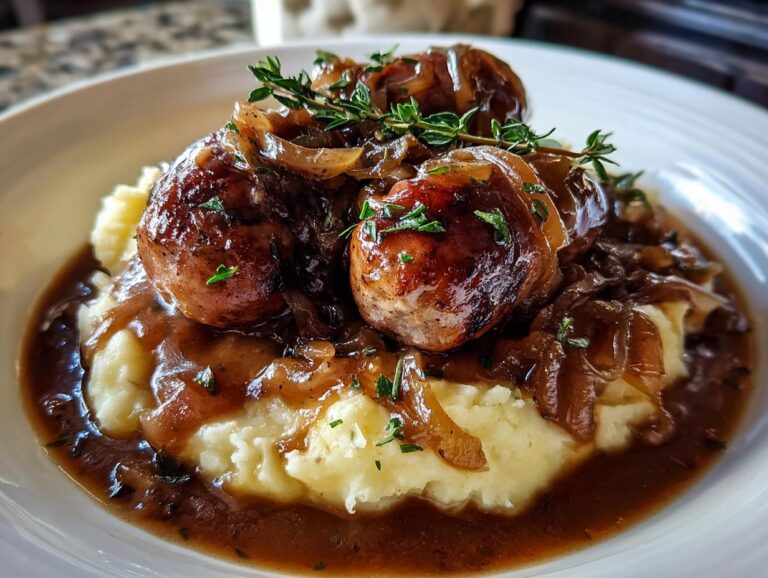 A close-up of rich bangers and mash, featuring sausages smothered in onion gravy over creamy mashed potatoes.
