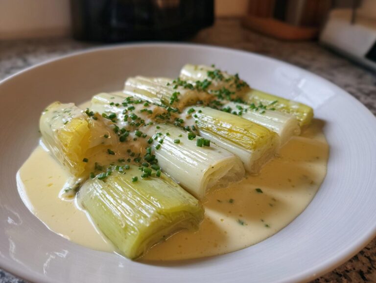 Four tender braised leeks served in a rich, creamy sauce and topped with fresh chives.