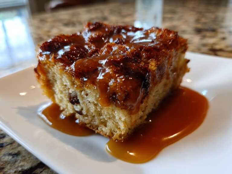 A decadent square of bread pudding with bourbon sauce drizzled over the top and pooling on the white plate.
