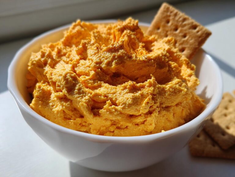 A close-up of bright orange pumpkin fluff dip served in a white bowl with graham crackers on the side.