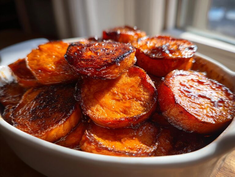 Close-up of thick-cut, caramelized candied sweet potatoes glistening in a white serving dish.