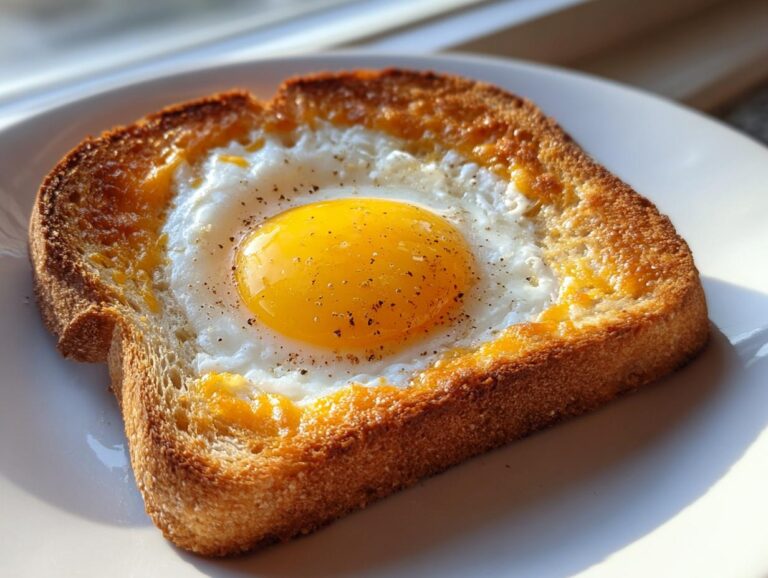 Close-up of a perfectly cooked cheesy egg toast with a bright, runny egg yolk seasoned with pepper.