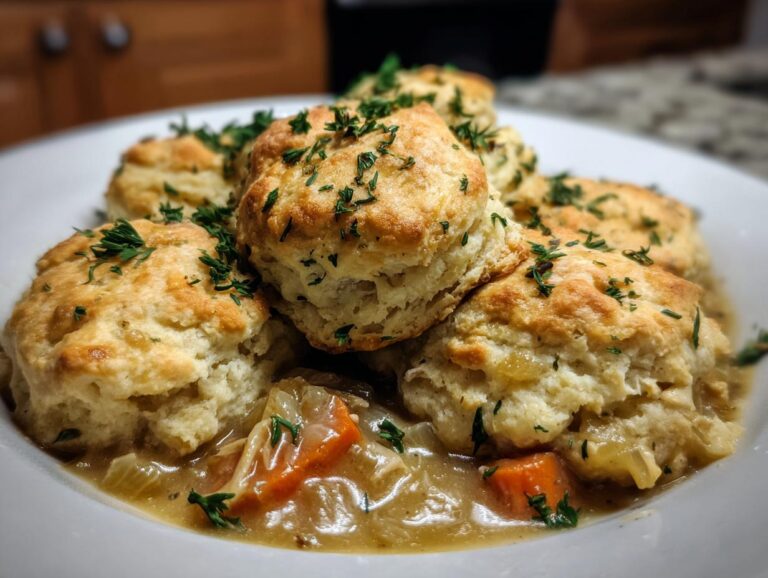 A close-up of a bowl of chicken and dumplings with biscuits, topped with fresh parsley.