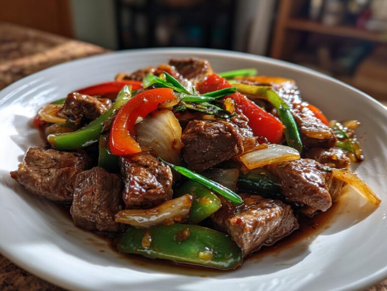 Close-up of savory chinese pepper steak cubes mixed with bright red and green bell peppers and onions in a dark sauce.
