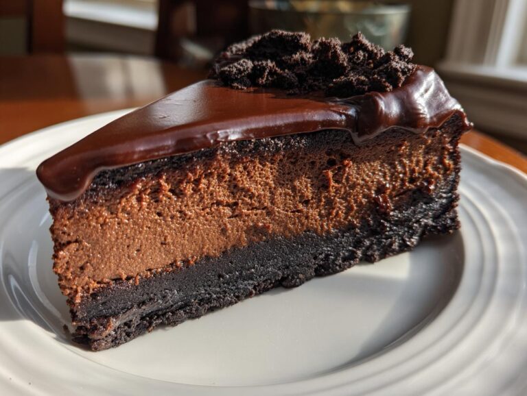 A rich, dark slice of chocolate cheesecake with a thick chocolate ganache topping and cookie crumble.