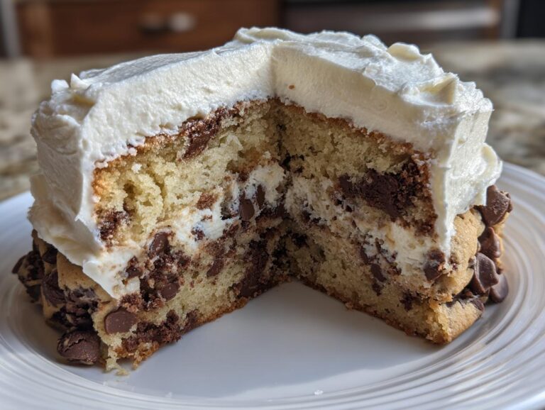 A cross-section view of a rich cookie cake recipe slice showing layers of cake, chocolate chips, and thick white frosting.