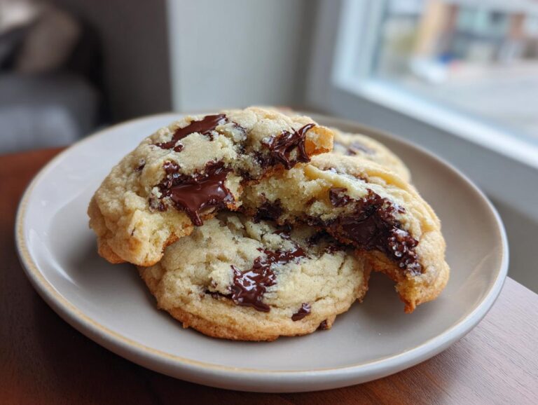 A close-up of two cream cheese chocolate chip cookies, one broken open to show the melted, gooey chocolate center.