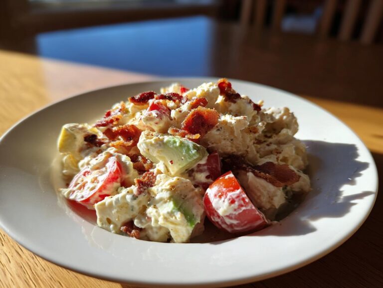 A serving of creamy blt chicken salad mixed with chunks of tomato, avocado, and topped with crispy bacon bits.