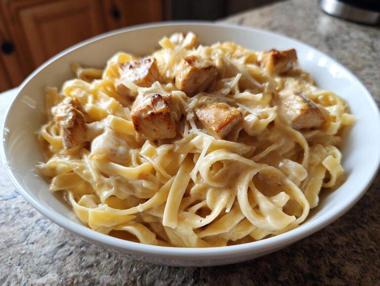 Close-up of a white bowl filled with creamy fettuccine chicken pasta topped with grilled chicken pieces and grated cheese.
