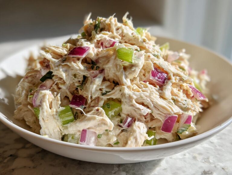 Close-up of creamy honey mustard chicken salad featuring shredded chicken, red onion, and celery in a white bowl.
