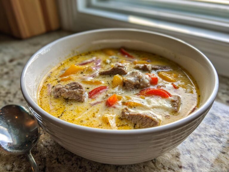 A close-up of a white bowl filled with creamy philly cheese steak soup, featuring chunks of beef and colorful bell peppers.