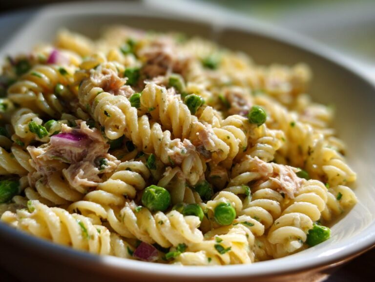 A close-up, bright photo of creamy tuna pasta salad made with rotini pasta, green peas, and red onion.