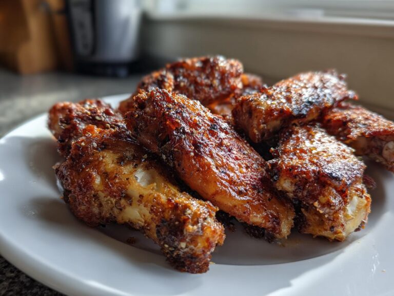 Close-up of several perfectly seasoned and crispy baked chicken wings piled on a white plate.