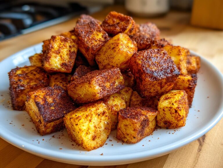 A close-up of golden brown, cubed breakfast potatoes piled high on a white plate, showing a crispy, seasoned exterior.