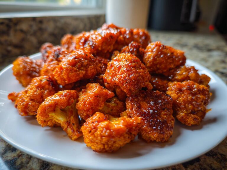 Close-up of crispy, saucy buffalo cauliflower bites piled high on a white plate.