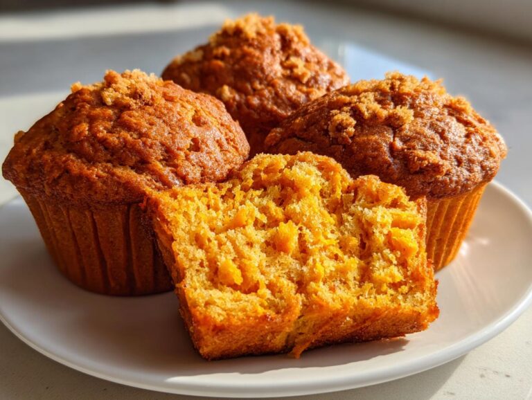 Three crumb-topped sweet potato muffins on a white plate, with one muffin cut in half showing the moist orange interior.