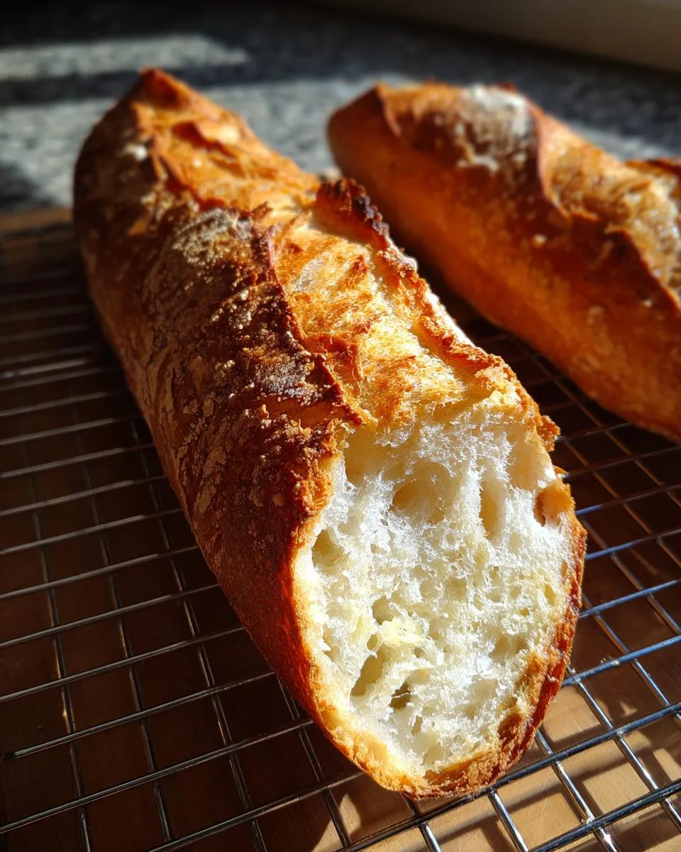 Close-up of a freshly baked french bread loaf, showing the crispy, golden crust and airy interior crumb.