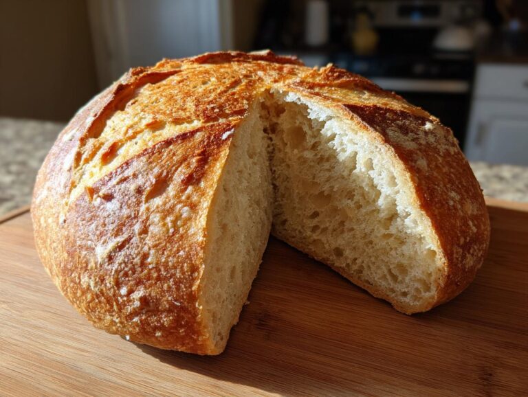 A freshly baked, round loaf of Italian bread, cut in half to show the airy interior crumb and golden crust.